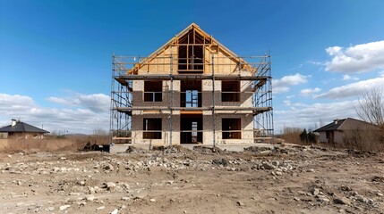 Wide shot of a construction site with scaffolding surrounding an unfinished two story wooden frame house  The partially built structure stands in a rural landscape with a blue sky and clouds overhead