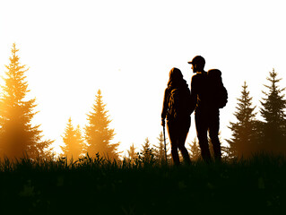 Couple enjoying nature, standing together among trees at sunset, silhouette view