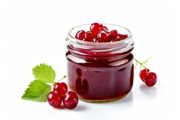 a glass jar of currant jam isolated on white background with a l