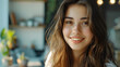 © ms creation - beautiful girl with a smile on her face communicates with colleagues online, on a laptop