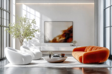 Minimalist interior design of modern living room.armchairs and vibrant orange sofa