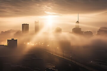 a city with fog car lights creating beams in the thick air