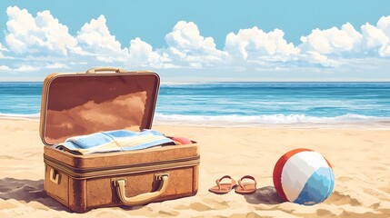 Beach Preparation - Accessories In Suitcase On Sand. 