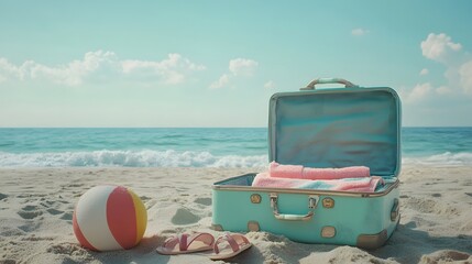 Beach Preparation - Accessories In Suitcase On Sand. 