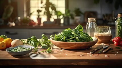 A cozy kitchen scene with a rustic wooden table, where a freshly prepared spinach dish is artfully arranged, surrounded by fresh ingredients and kitchen tools.