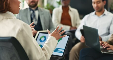 Poster - Business people, team and laptop screen in seminar with data analysis for asset management and investment banking. Finance internship, employees and mentor in workshop with notes on capital markets
