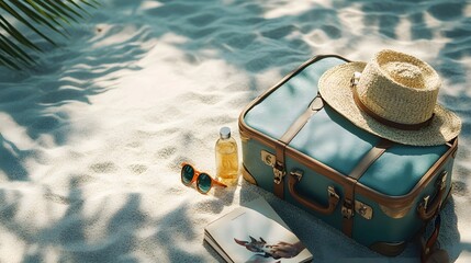 Beach Preparation - Accessories In Suitcase On Sand. 