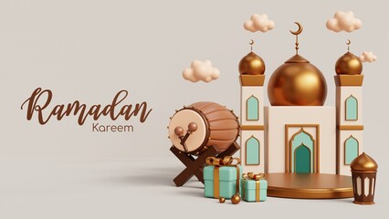 Beautiful 3d render islamic mosque and ornaments for ramadan mubarak celebration wallpaper illustration