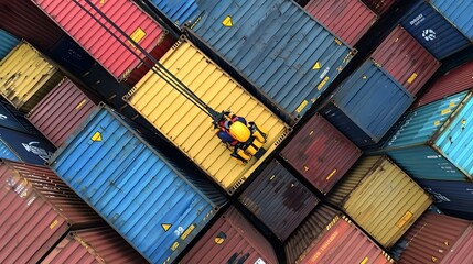 Aerial view of a logistic port with containers and cranes.