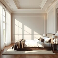 luxurious bedroom interior, soft natural light, large windows, ornate ceiling moldings, neutral colo