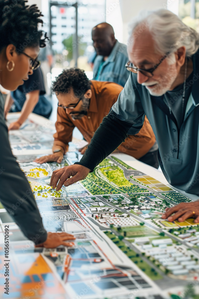 View of Urban planners sketching eco-friendly city layouts, solar panels, and ...