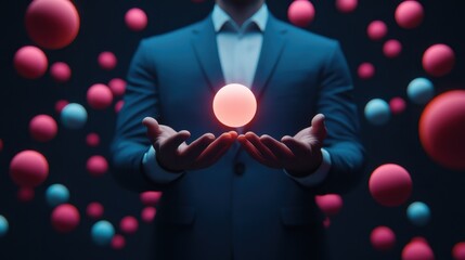 A business professional holding a glowing sphere amidst floating colorful spheres, representing innovation and creativity.