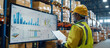 © Degimages - Manager reviewing inventory dashboard on a large screen, workers loading pallets in background
