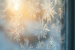 © Degimages - Close-up of frosted window with intricate ice crystals, warm indoor light in the background