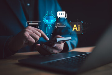 Poster - Human with AI technology, man use AI in their work to help maximize efficiency, Machine learning, create new innovations, Connecting big data, Artificial intelligence technology of the future.