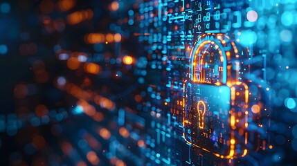 digital padlock on abstract cyber security technology blue background with binary code