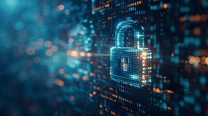 digital padlock on abstract cyber security technology blue background with binary code