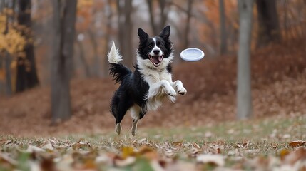 A joyful dog leaps in the air to catch a flying disc amidst colorful autumn leaves.