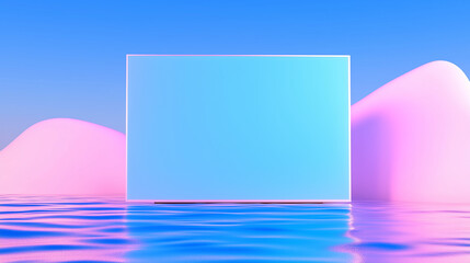 Surreal Scene with Floating Glass Cube and Pastel Hills