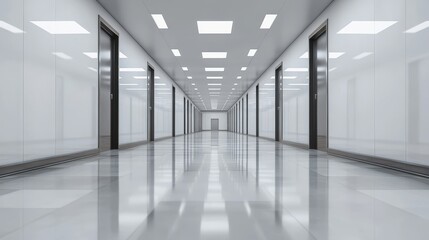 Poster - A large, empty hallway with white walls and black doors. The hallway is lit by overhead lights