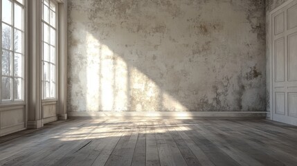 Poster - A large, empty room with a white wall and wooden floors. The room is filled with natural light from the windows, creating a bright and airy atmosphere