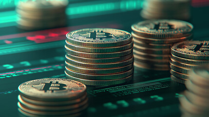 Stacks of bitcoin coins showcasing cryptocurrency investment and digital finance on a modern trading interface with green and red indicators.