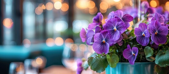 Wall Mural - beautiful violet flowers closeup on a background decorated with restaurant
