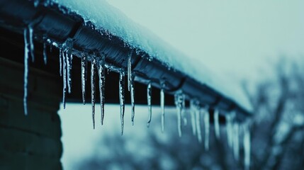 Wall Mural - Icicles hanging from a rooftop during a chilly winter season