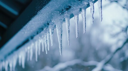 Wall Mural - Icicles hanging from a rooftop during a chilly winter season