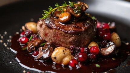 Close up of a delicious venison medallion paired with mushrooms and forest berries guaranteed to attract food enthusiasts and gourmet lovers