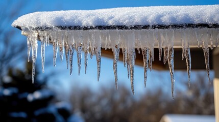 Wall Mural - Icicles hanging from a rooftop during a chilly winter season