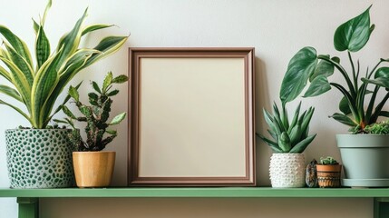 stylish living room interior featuring a brown mock up photo frame on a green shelf adorned with bea