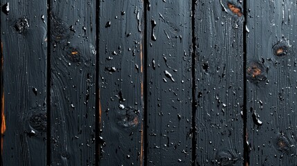 close-up of wet black wooden planks with droplets, texture and detail captured in a rustic style.