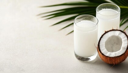 Coconut water in clear glasses with a fresh coconut, tropical feel, natural hydration, healthy drink.