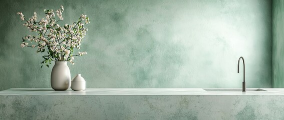 Wall Mural - Blurred light green kitchen interior with a white marble table counter and a vase on the left side, blurred background for a product display