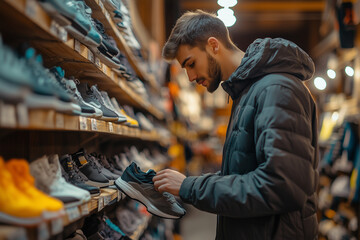 Man choosing sneakers in shoe store background.....