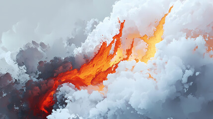 Poster - Generative ai on theme of erupting volcano with cascading hot lava surrounded thick white smoke. Lava Flow. Illustration