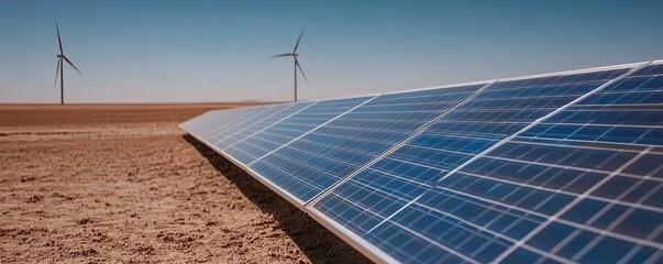 Wall Mural - A landscape featuring solar panels in the foreground and wind turbines in the background under a clear blue sky.