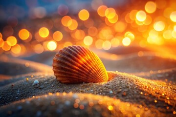 Canvas Print - Delicate orange seashell rests on rough sand, surrounded by subtle, blurred lights. Perfect for coastal decor, ocean-inspired art, summer vibes, and wanderlust reminders.