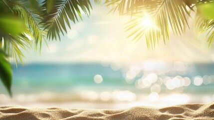 abstract blurred background featuring a tropical beach scene with sunlight rays golden sand clear wa