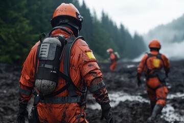 Rescue workers in orange suits navigating a muddy terrain in a forested area.