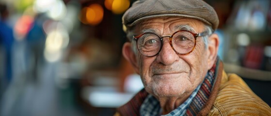 Wall Mural - A senior man with a white beard and glasses smiles. AI.