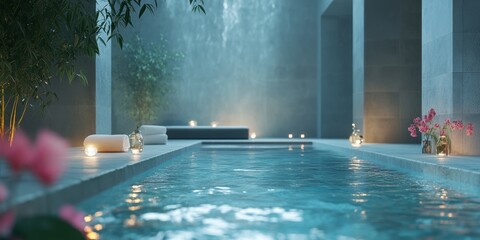 Wall Mural - A long pool with a walkway and a few candles lit on the side. The candles are lit in the water, creating a serene and calming atmosphere