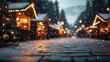 © pornchan - Traditional European Christmas market stalls, snow falling gently, warm glow from holiday decorations