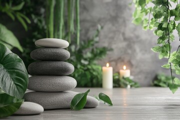 Wall Mural - A stack of stones and candles on a wooden table. The candles are lit and the stones are arranged in a pyramid shape