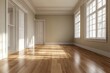 © Cloudyew - A large room with white walls and wooden floors. The room is empty and has a clean, minimalist look