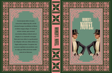 147-43-Book cover design for a women's novel, featuring two mirrored victorian men in formal wear, with decorative frame and title