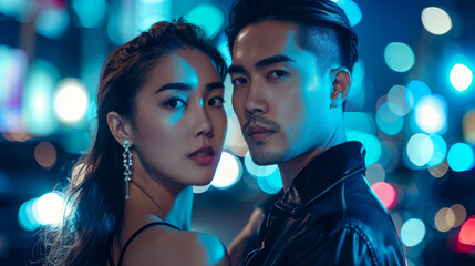 Beautiful Asian woman and a handsome Asian man forming a trendy modern couple outdoor with a luxury car like in a movie at night going out in a bustling city