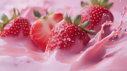 Wall Mural - Juicy strawberries splashing in a creamy pink liquid producing a lively and appealing visual ideal for food and beverage concepts