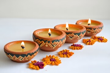 Wall Mural - Four lit clay diya lamps with decorative patterns, accompanied by marigold flowers, symbolizing Indian festival celebrations.